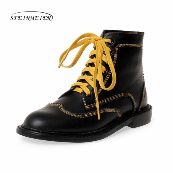 

boots 2021 autumn winter quality genuine leather punk short lace up thick heels women ankle party shoes woman steinmeier, Black