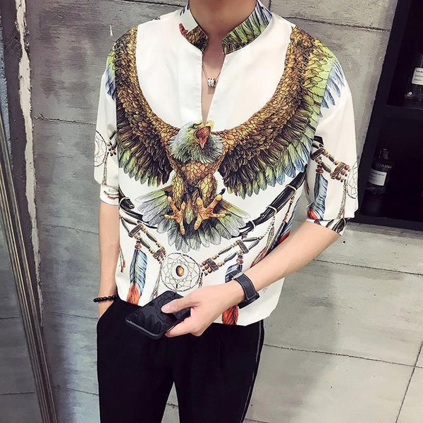 

men's dress shirts summer short sleeve shirt ruffian handsome printing social guy korean stand collar versatile 5-sleeve clothes, White;black