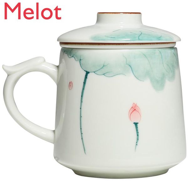 

hand painted pink lotus tea cup simple water ceramic household office mug with strainer mugs