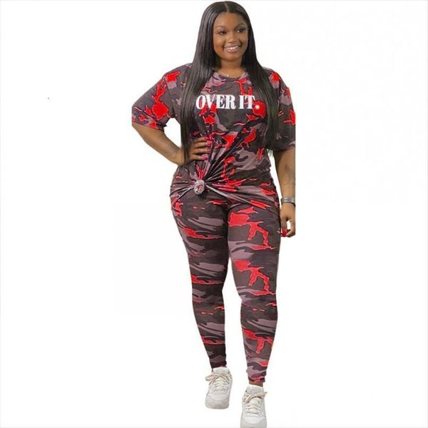 

5xl plus size letters womenpant print 2 set o neck and skinny pants suit fashion camouflage tracksuit outfit, White