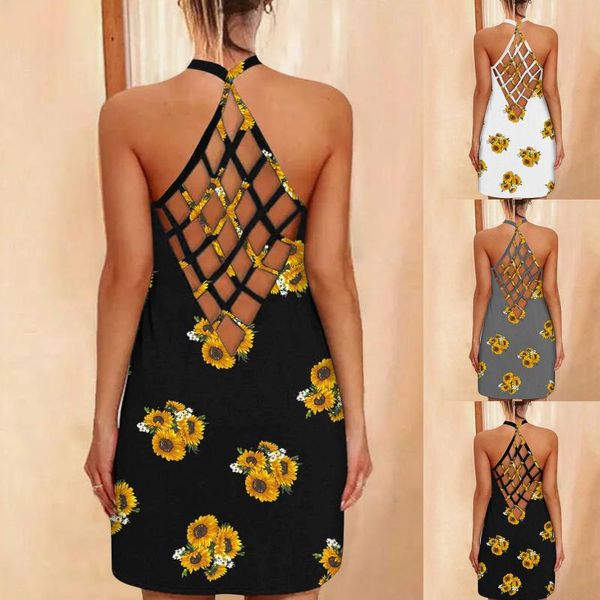 

casual dresses summer women's dress 2021 sunflower print o-neck sleeveless blouse vest fashion tank vestido de mujer, Black;gray