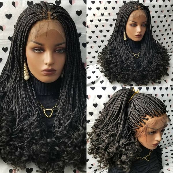 

180 density full 24inches black/brown /burgundy box braids wig fully hand ponytail synthetic lace front braided wig with curly tips