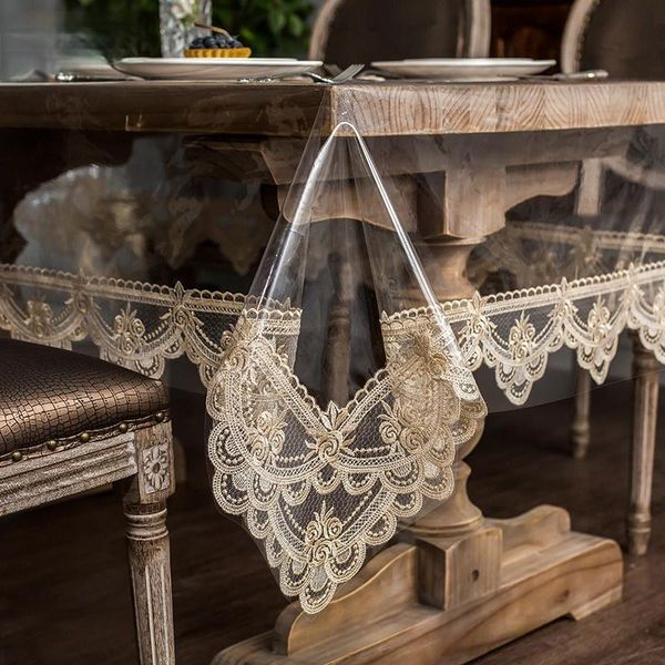 

table cloth pvc transparent tablecloth with golden lace waterproof oil-proof cover coffee crystal plate embroidered