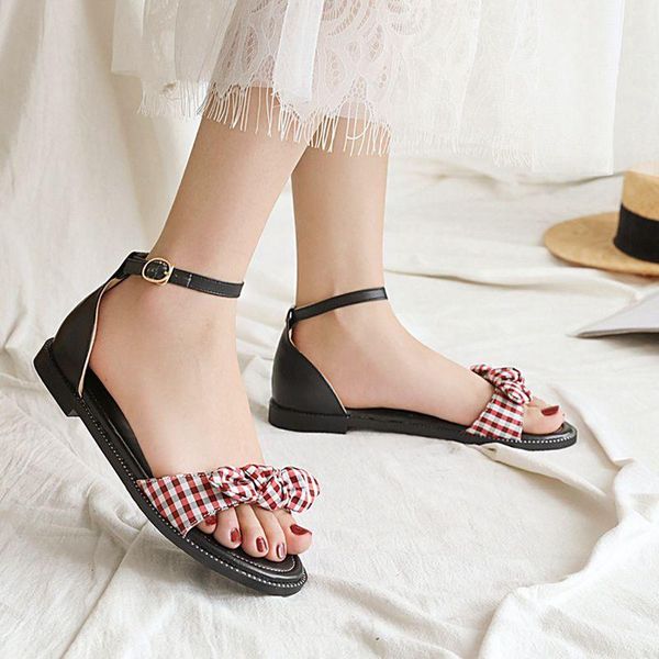 

women plaid flats sandals open toe ankle strap low heel fashion summer ladies casual size 32-43, Black