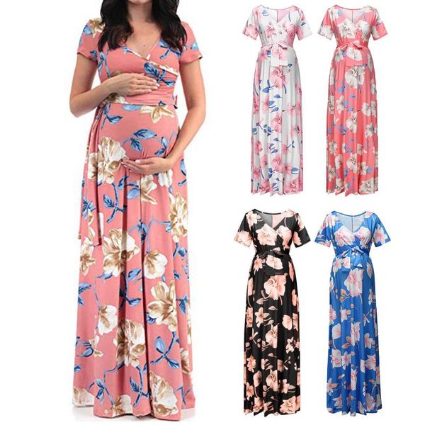 

maternity dresses v-neck short-sleeve belt flower printed dress for women ladies fashion summer pregnancy, White