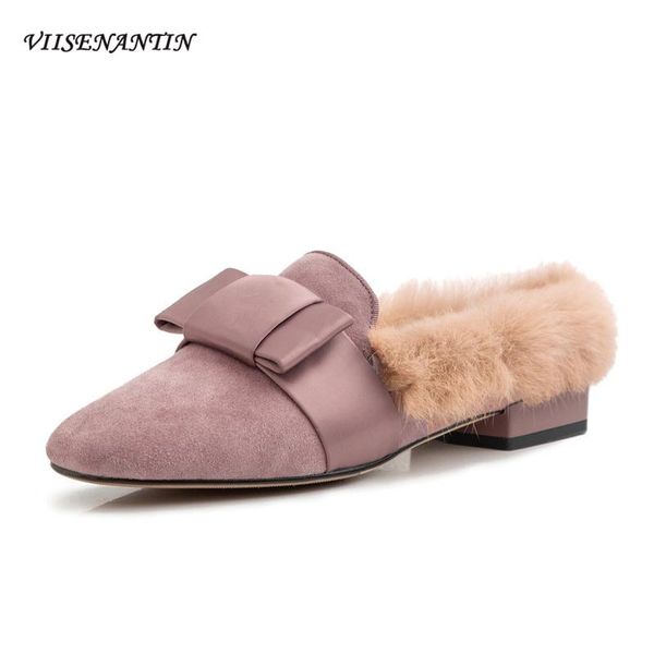 

butterfly-knot decoration plush slippers women's outer wear autumn winter style square toe flat bottom lazy mules, Black
