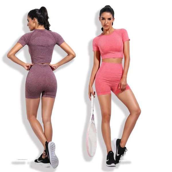 

yoga outfit 2021 seamless women set sport suit workout clothes athletic gym short sleeve crop high waist fitness sportswear