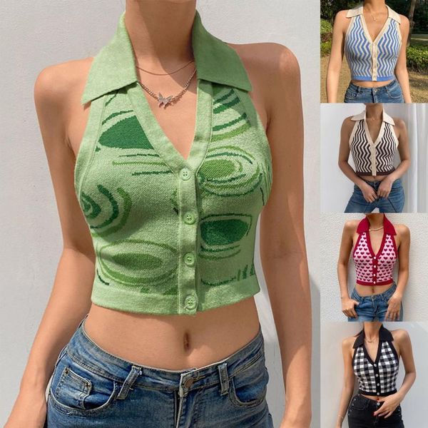 

women knitted halter with collar backless button up club streetwear summer clothes 2021 off shoulder crop women's t-shirt, White
