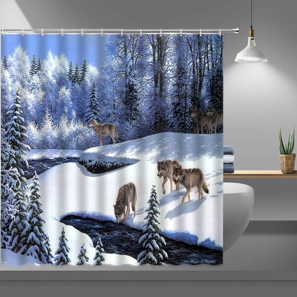 

wolf family shower curtains for bathroom,winter forest snowy trees wildlife animals fabric shower curtain with plastic
