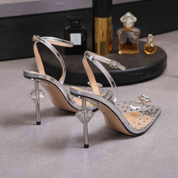 

women's sandals pointed high heels 2022 summer transparent glue drill thin heel baotou sandals, Black