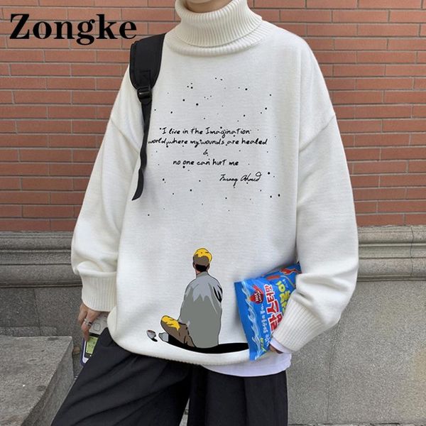 

men's sweaters zongke print pullover turtleneck men sweater fashion clothing -3xl 2021 autumn winter arrivals, White;black