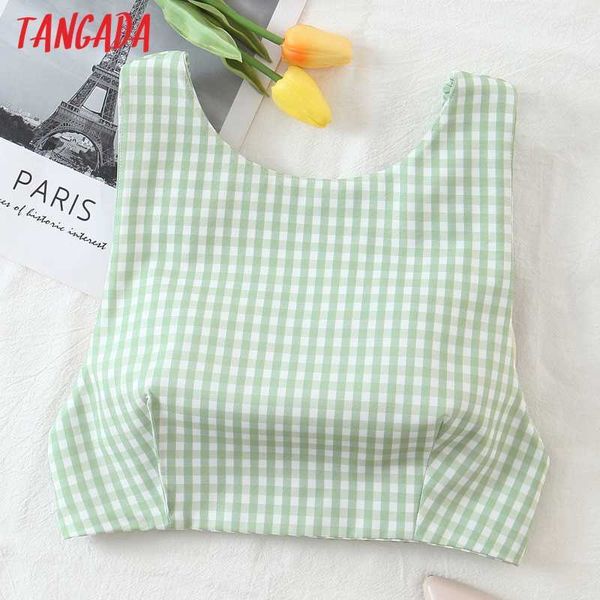 

tangada women green plaid backless v neck camis crop spaghetti strap sleeveless female beach sl 210623, White