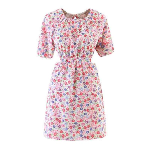 

women summer chiffon pink floral printed short sleeve dress hollow up back elastic waist female beach 210524, Black;gray