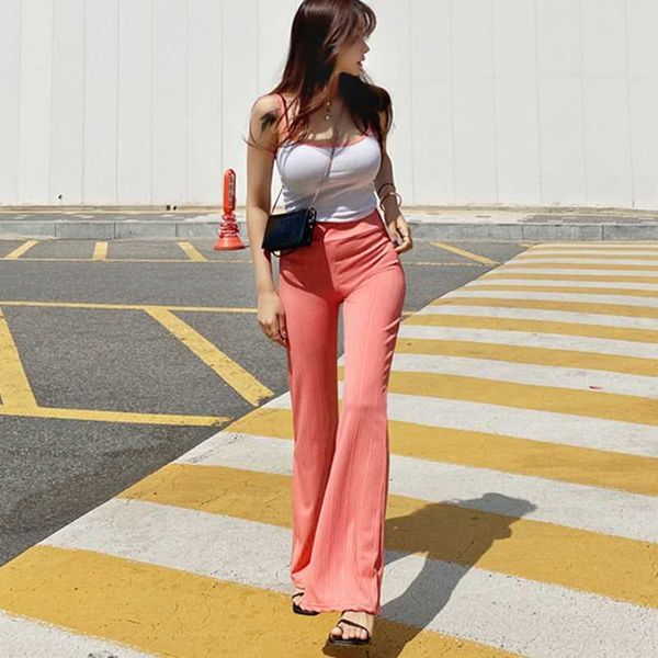 Estate donna coreana sexy streetwear 2 pezzi Set cinturino per spaghetti Crop Top vita alta pantaloni svasati lunghi abbigliamento donna 210529