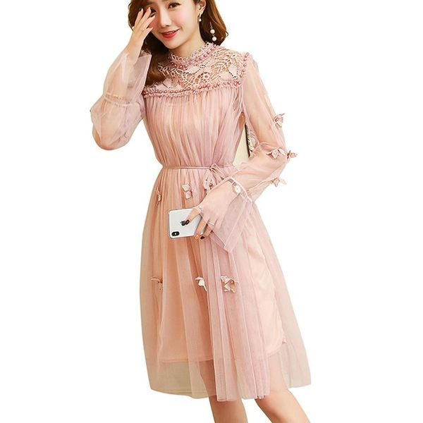 

casual dresses long sleeve mesh flowers lace dress 2021 spring transparent beaded flower two piece women clothing 860d, Black;gray