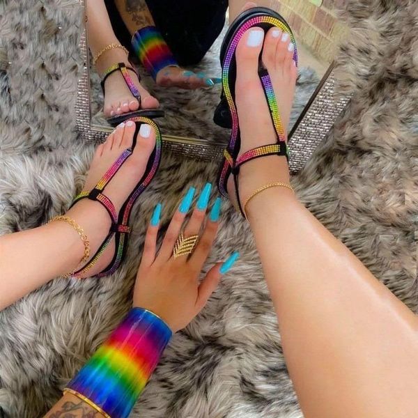 

sandals women brief flat heel rainbow color summer holiday weekends beach sand shoes slides mujer footwear plus size 35-43, Black