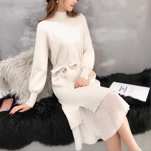 

women's sweaters women winter knitted sweater long dress koran version of the bottom skirt turtleneck beading ham lace, White;black