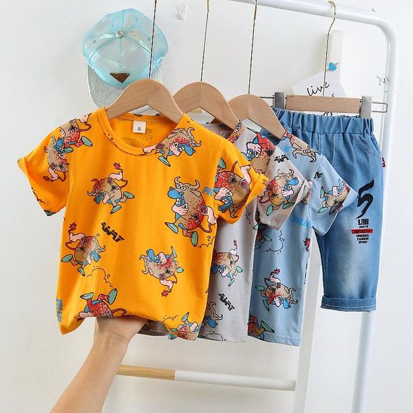 

clothing sets baby boys denim shorts 2pcs 2021 summer cartoon print casual fashion outfits toddler girls clothes sportswear suits, White