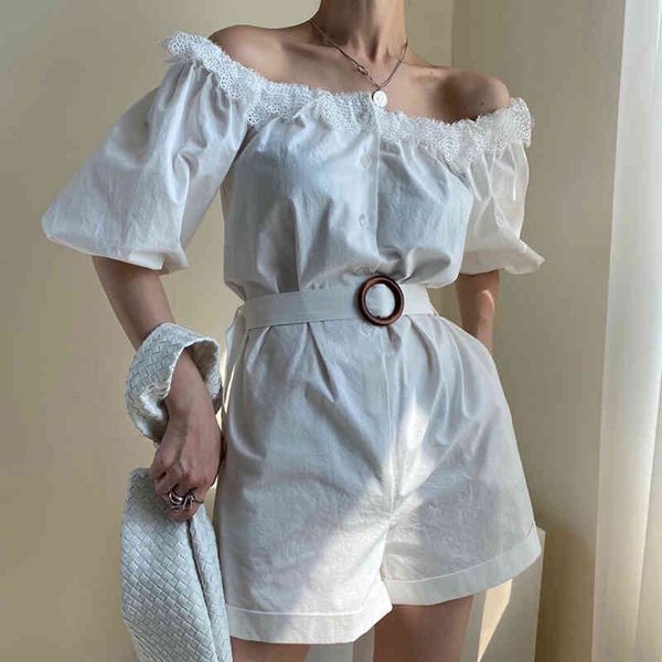 

spring female korean chic elegant slash neck off shoulder puff sleeve patchwork lace balck jumpsuit with belt 16w551 210510, Black;white