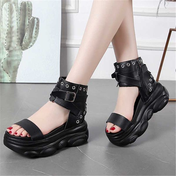 

sandals 2021 summer punk sports style women's black white buckle platform open toe fashion 7.5cm wedges high heel shoes