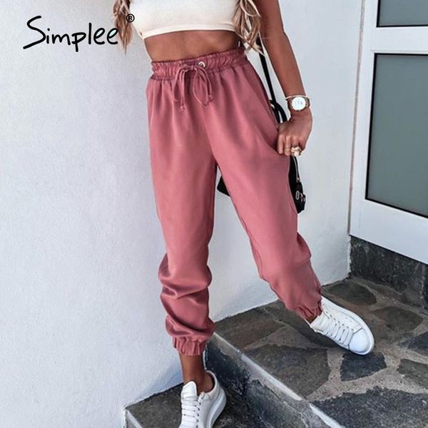 

simplee solid color lace up women's harlem pants casual sports loose home pants street pink polyester pants new summer 210319, Black;white