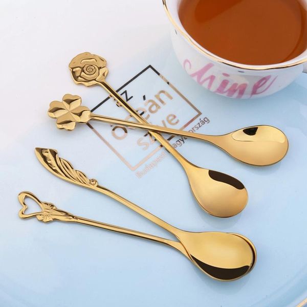

spoons mini cute flower stainless steel teaspoon coffee metal golden soup dessert spoon tablespoon kitchen utensils