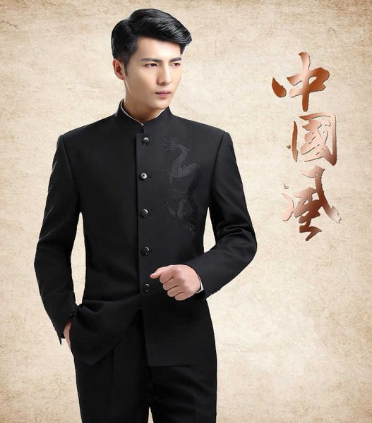 Herren Slim Fit Stehkragenanzüge Dargon bestickte Mode chinesische Tang-Anzüge Männliche stilvolle Freizeitanzüge Set Tangsuit FS-102 X0909