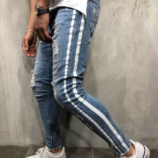 

men's jeans 2021 trendy brand knee ripped skinny, Blue