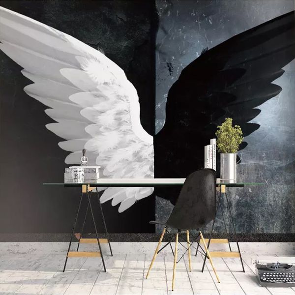 Benutzerdefinierte 3d Fototapete Moderne Kreative Schwarz Weiß Angel Wings Kunst Wandmalerei Wohnzimmer Schlafzimmer