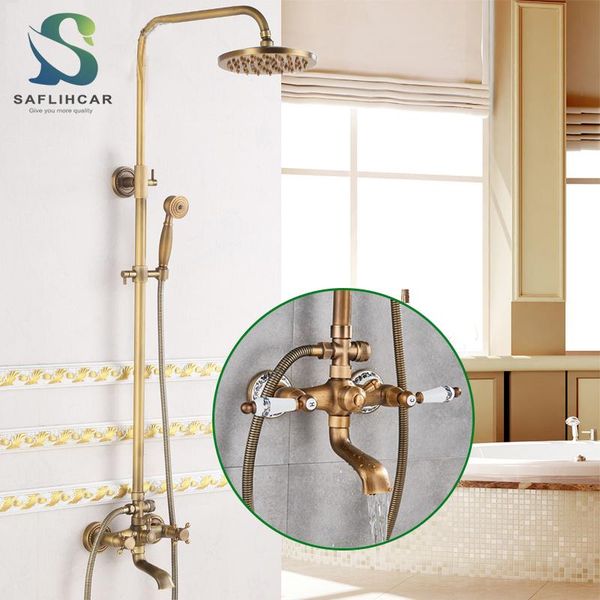 

bathroom shower sets 8" brass antique faucet set wall mount dual handle handshower shelf cold systems mixer rain system