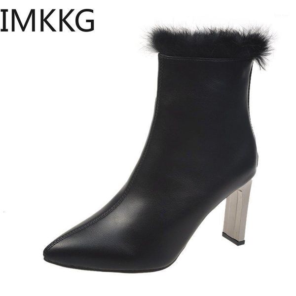 

boots 2021 woman fashion winter warm ankle pointed toe chunky heel short faux leather zipper1, Black