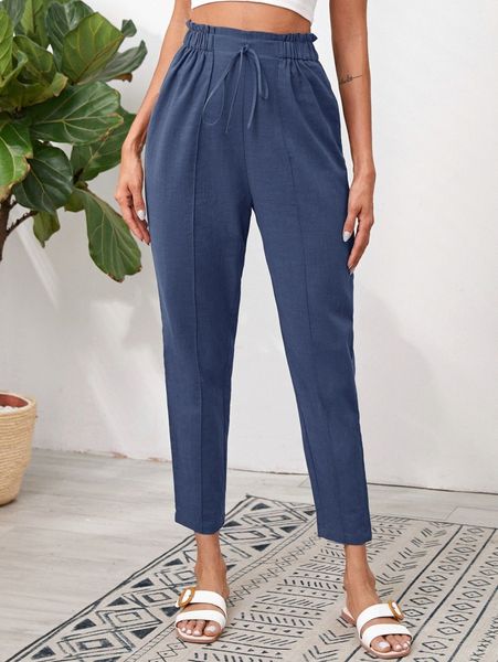 

knotted paperbag waist cigarette pants j84w#, Black;white