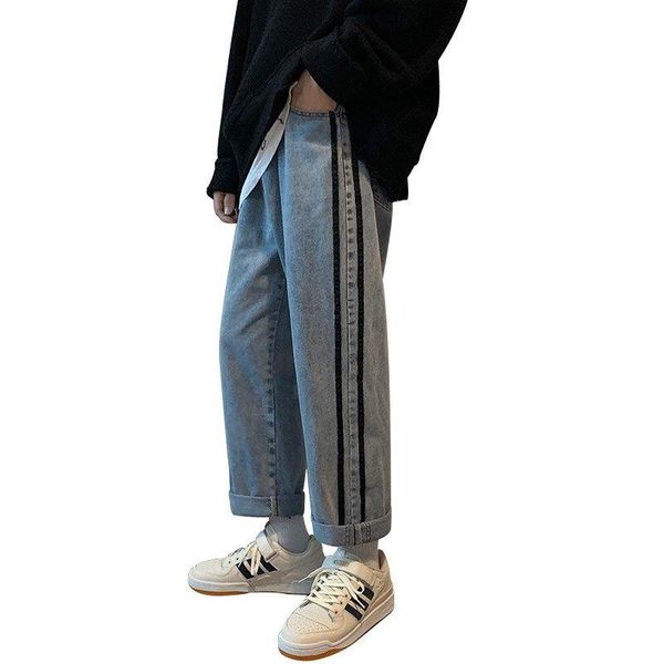 

women's jeans retro high waist loose straight-leg pants korean casual slim trousers, Blue