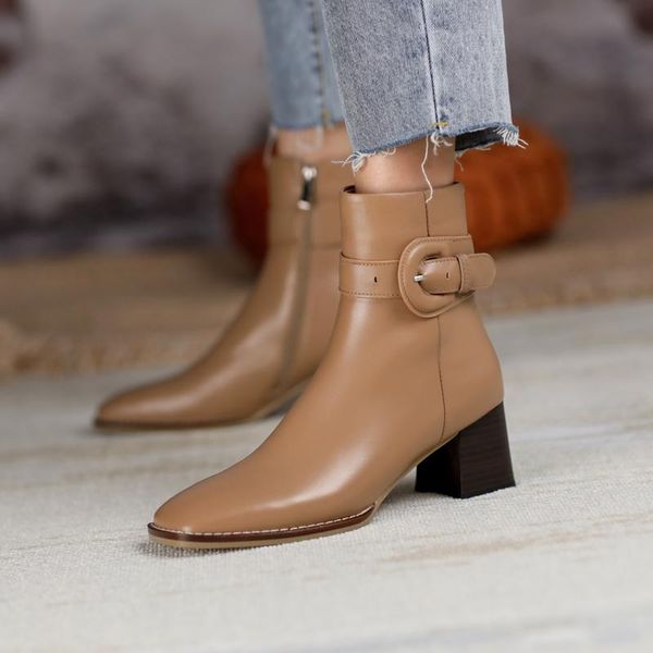 

dress shoes 2021 spring and autumn fashion square head thick heel short boots leather casual with female tide x238, Black
