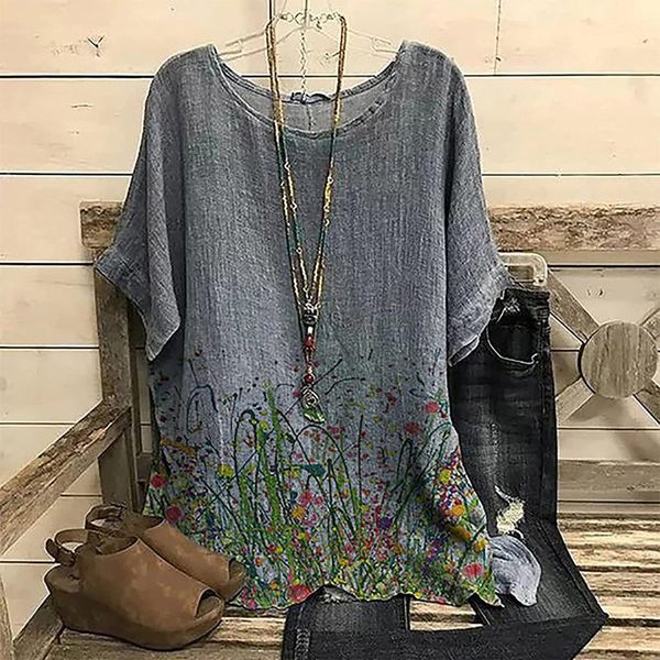 

women's blouses & shirts linen cotton floral print women blouse casual loose pullover ladies elegant o neck short sleeve haut femme, White