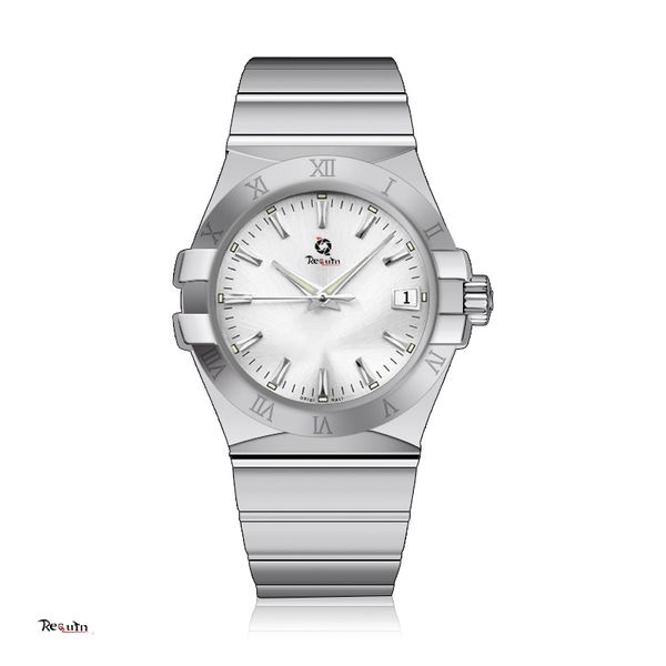 

luxury ladies quartz watch requin constellation silver white stainless steel case sapphire bang three hands calendar dial bag roman numerals, Slivery;brown