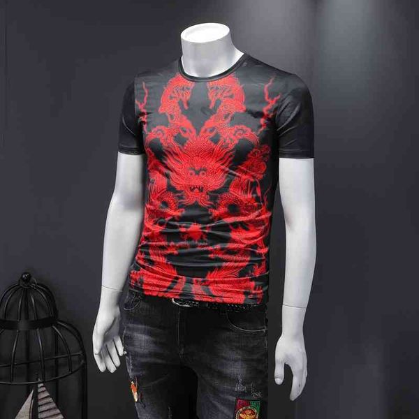 

chinese style men's short-sleeved t-shirt dragon pattern printing can't afford ball ice silk large size summer bottoming shirt, White;black