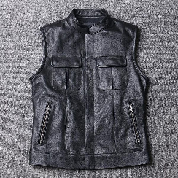 

men's vests motorcycle biker leather vest men genuine cow sleeveless jackets 100% real cowhide stand collar waistcoat outwear, Black;white