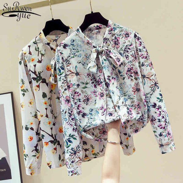 

autumn women's shirt floral long sleeve korean style printed chiffon blouse casual lace up bottoming cardigan 11154 210427, White