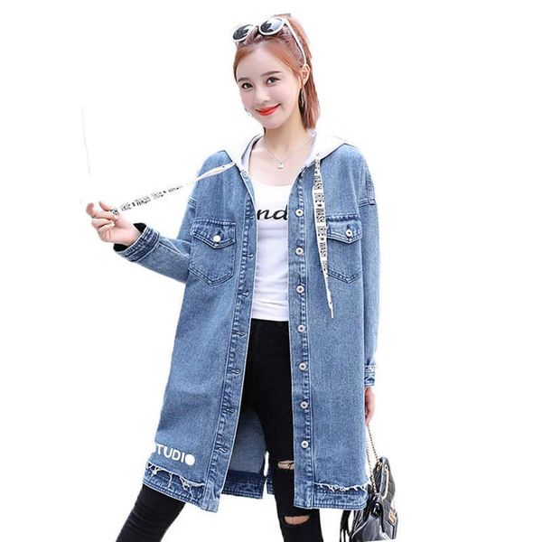 

women's trench coats denim windbreaker jacket women long hooded coat spring korean loose letter casual jeans single-breasted f228, Tan;black