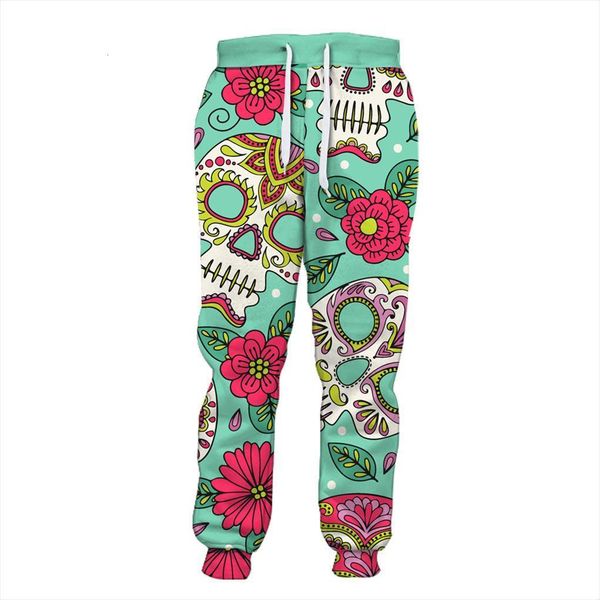 

colorfulaurora red flower color skull women pants print green casual sports, Black
