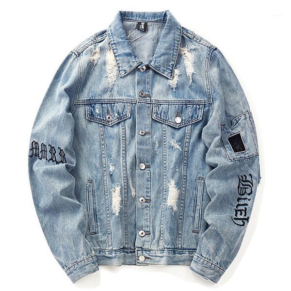 

harajuku hip hop denim jacket men streetwear fashion jeans coats letter embroidery hole male men's jackets, Black;brown