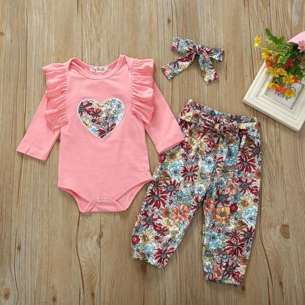 

baby & children's born girls 3pcs floral print outfits set kid frill romper pants headband clothing sets, White