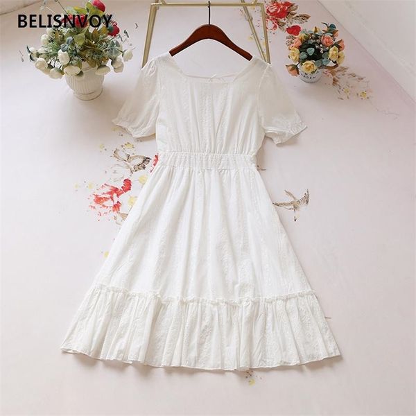 Branco Floral Bordado Lace Up Vestidos Do Vintage Mulheres Manga Curta Beach Bohemian Dress Senhoras De Algodão Linho Boho Midi Vestidos 210520