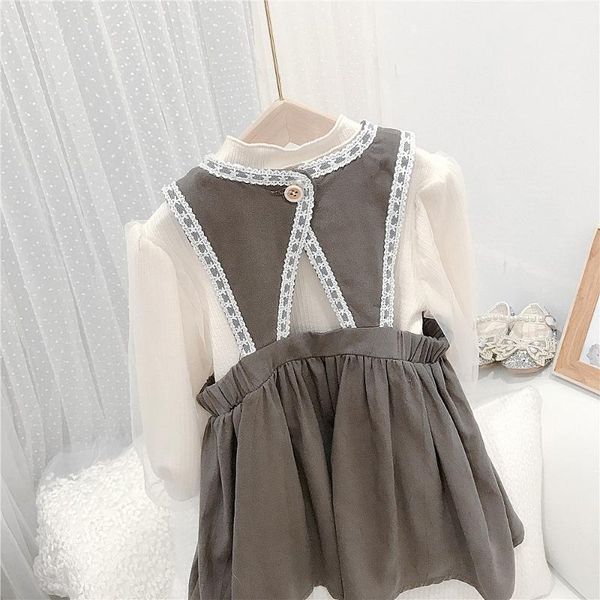 

jackets two pieces clothing set for kids lace patchwork shirt and sleeveless dress casual girl's tracksuit spring autumn clothes, Blue;gray