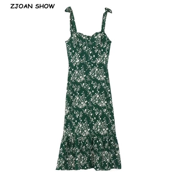 

france style floral print bow tie strap ruffles hem midi dress retro women elastic slim sling tea green red 210429, Black;gray