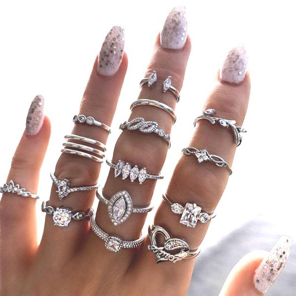 

cluster rings rbnyd 15 pcs/set bohemian retro crystal flower leaves hollow lotus gem silver ring set women wedding anniversary gift xmas gir, Golden;silver