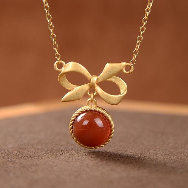

chains original s silver inlaid natural enamel porcelain agate pendant necklace round bow charm niche craft women's brand jewelry