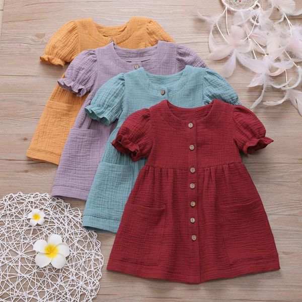 

girl's dresses dress for girls summer toddler kids baby pocket solid linen cotton princess casual clothes 1-5y breathable and comfortab, Red;yellow