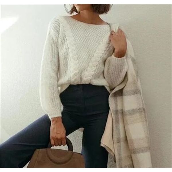 

sweater blend knit mohair 2021 early spring round neck hollow twist wool white sweaters uaev, White;black